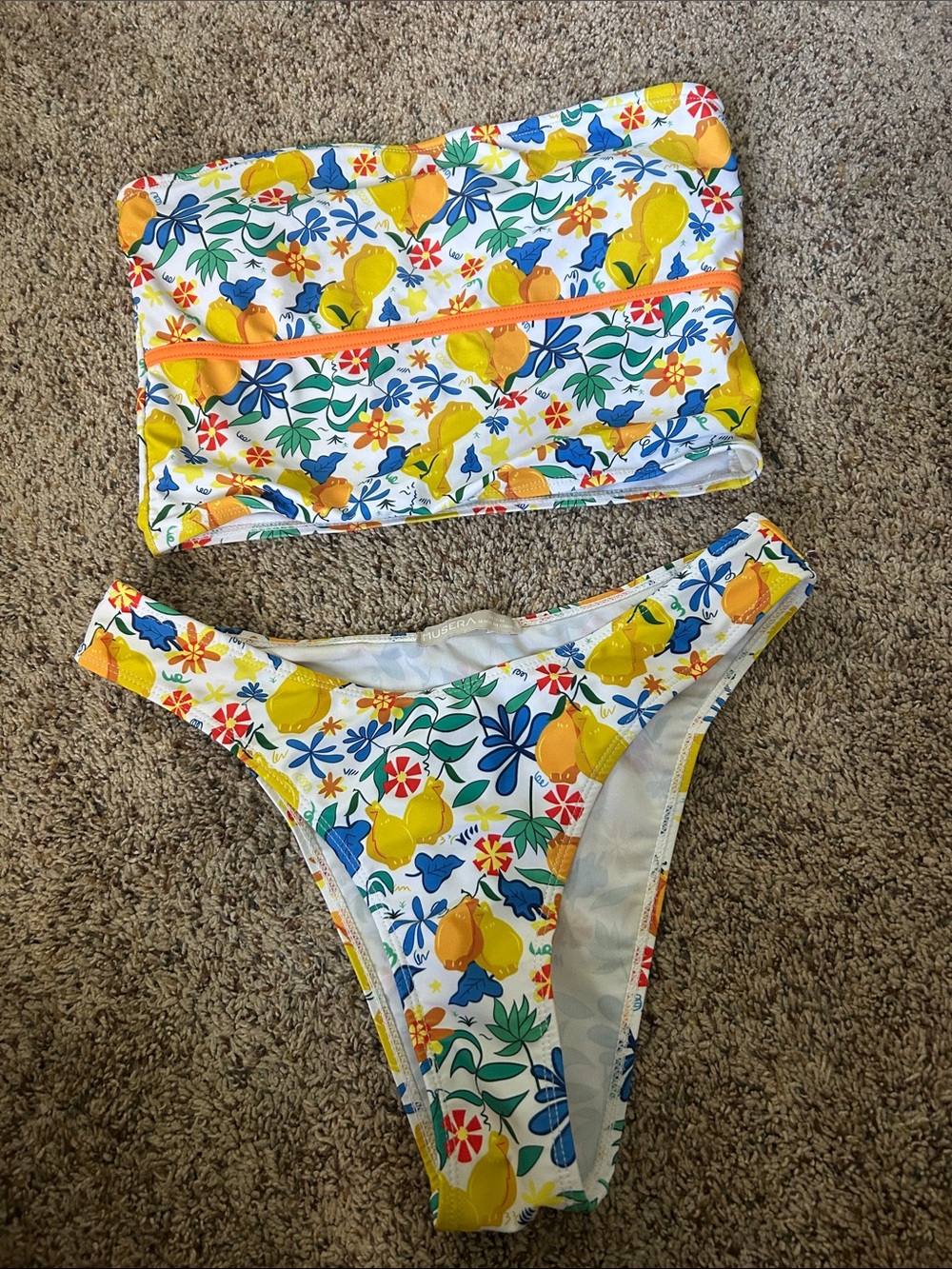 Tropical Lemon Floral Bandeau Bikini Set - Yellow/Blue